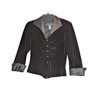 Alex Evenings Black Ruched Satin Collar Stretch Velvet Blouse S